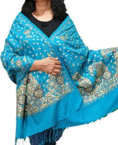 Turquoise Floral Kashmiri Wrap Zari Embroidery Fancy Ladies Party Shawl 78" - Picture 1 of 5