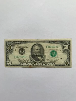 1974 Fifty Dollar $50 Star Note Used U.S. Currency Serial Number # G01249186* - Image 1 of 4