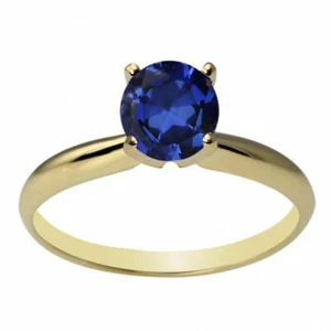 14k Solid Yellow Gold 6mm Round Blue Sapphire Solitaire Ring All Sizes - Picture 1 of 1