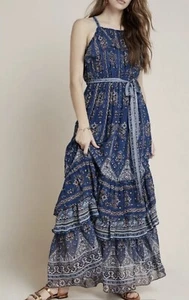 Designer Anthropologie Maxi SASHA Blue Tiered Ruffle Dress S BNWT RRP £160 - Picture 1 of 12