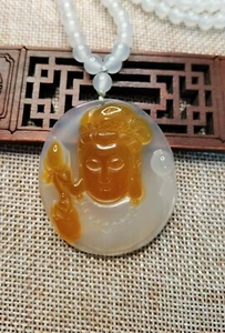 Certified natural Yellow brown Agate Chalcedony Jade guan-yin Buddhism Pendant - Picture 1 of 8