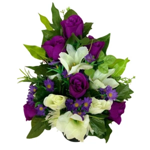Grave Pot Arrangement Artificial Silk Flower Flat Back Purple Rose Lily Memorial - Picture 1 of 9
