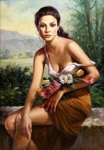 Peinture à l'huile d'art moderne peinte à la main haute qualité femme tenant des fleurs sur toile