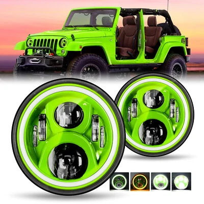 2x Green 7"inch Round LED Headlights High Low Beam For Jeep Wrangler JK TJ CJ LJ - Image 1 of 4
