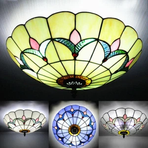 2-light Mission Stained Glass Ceiling Light Fixture Flush Mount Vintage Light - Picture 1 of 12