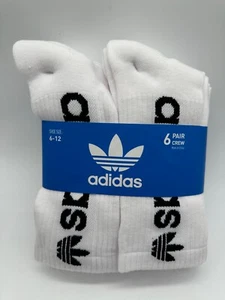 NEW 6 PAIRS ADIDAS MENS CREW SOCKS  CUSHIONED SHOE SIZE 6-12  WHITE/ BLACK - Picture 1 of 3