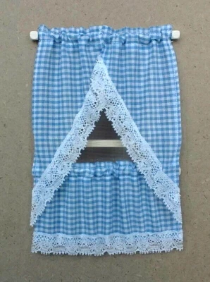Cortinas de ventana miniatura para casa de muñecas azul/blanco a cuadros café encaje bordes 1:12 Foto 1 de 2