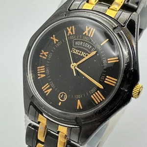 Seiko Quartz Watch V733-6C49 Men Gold-Black Day Date Roman Analog New Battery - Picture 1 of 6