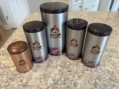 Teavana Loose Leaf Tea Tin Canister Set of 5 Purple USED 4 - 8 inches   - Image 1 of 4