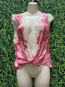 Vintage 70/80s Christian Dior Satin Floral Lace Lingerie Top Tie Front Pink Avg - Picture 1 of 18
