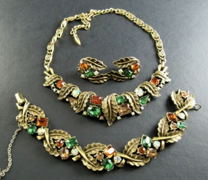 Vintage CORO Halskette Armband Ohrringe Schmuck Zinken Set mehrfarbig Strasssteine - Bild 1 von 12