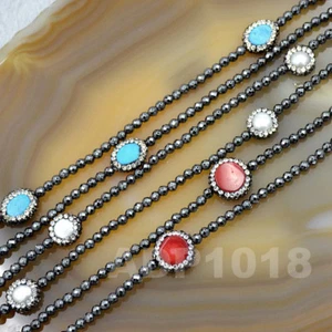Collar de diamantes de imitación facetados de hematita de 3 mm con cuentas redondas de coral y turquesa 35" - Imagen 1 de 11