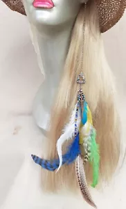 Feather Earring Long Pendant Hair Extension Bead Boho Jewelry Blue Brown White - Picture 1 of 5