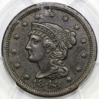 1848 1c N-38 Braided Hair Large Cent PCGS XF Details Env. Damage - Image 1 of 4