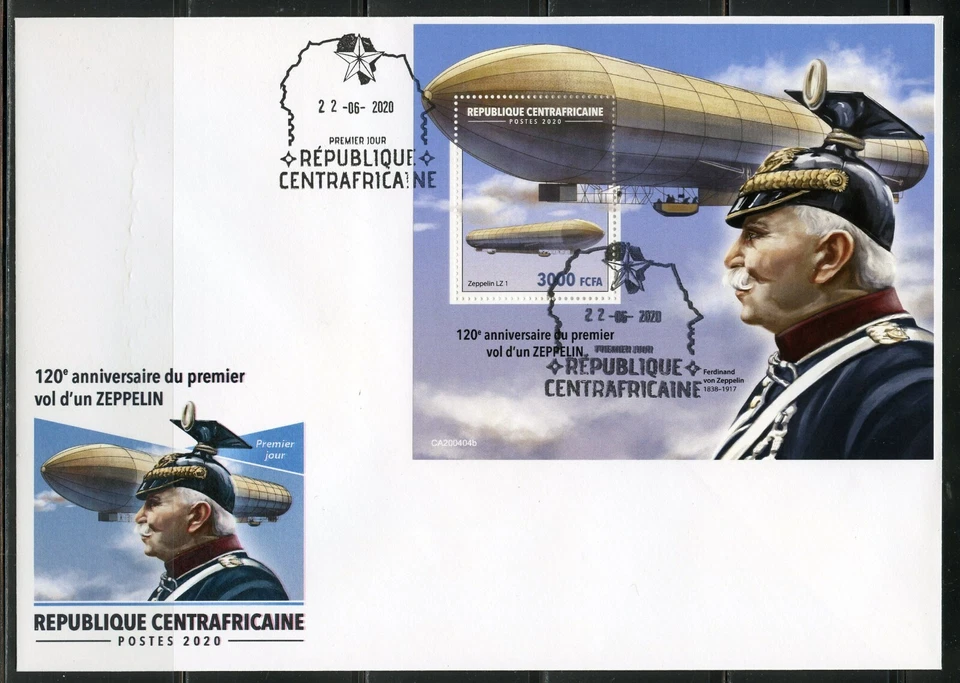 CENTRAL AFRICA 2020 120th ANN OF THE FIRST ZEPPELIN FLIGHT SOUVENIR SHEET  FDC - Image 1 of 1