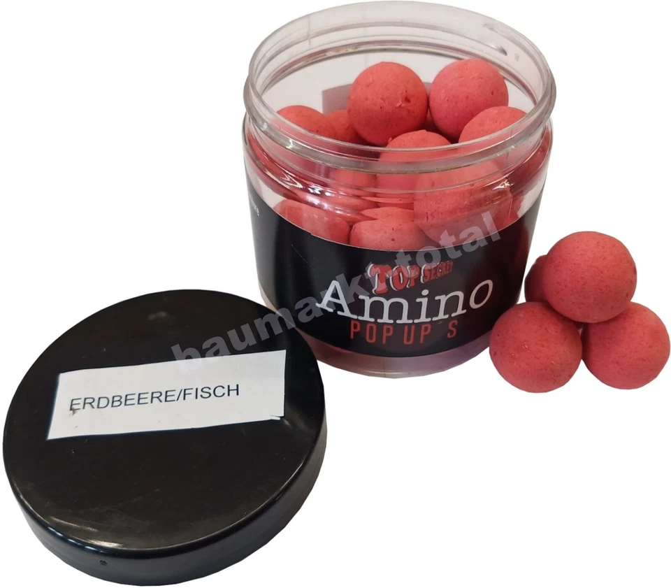 Karpfenboilie Bolie Top Secret Amino Pop Up`s Ø 20mm ERDBEERE/FISCH 80g Boilies - Bild 1 von 1
