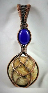 Fossil Agate Blue Lapis Copper Wire Wrap Pendant  Elegant Handcrafted ! - Picture 1 of 4