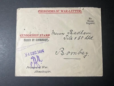 1914 Censurado India Primera Guerra Mundial Prisionero de Guerra Cubierta de prisionero de guerra Ahmednagar a Bombay Foto 1 de 2