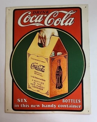 DRINK REFRESHING COKE COCA COLA TIN SIGN SIX BOTTLES IN NEW HANDY CONTAINER 16" - Image 1 of 2