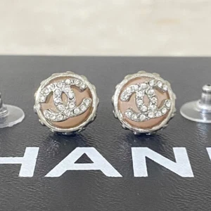 CHANEL CC Logos Rhinestone Pink Round Stud Earrings Silver Tone 02C Auth #7355 - Picture 1 of 4