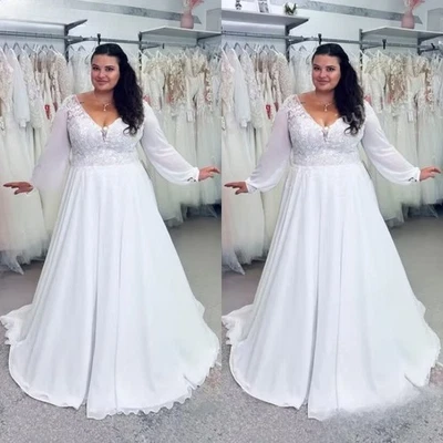 Chiffon Plus Size Wedding Dresses Long Sleeves V Neck Sweep Train Bridal Gowns - Image 1 of 4