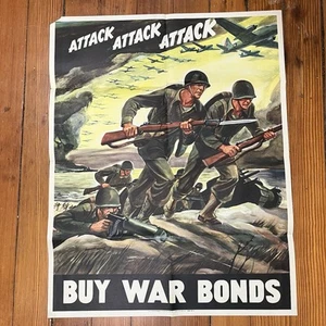 WWII Original Poster Attack Attack Attack Buy War Bonds F Warren 1942 22"x28" - Picture 1 of 6