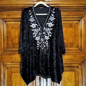 Andree by Unit Tunika Damen M schwarz Samt Blumen bestickt Boho romantisch Top - Bild 1 von 9