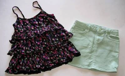 Gap kids girl Gypsy black ruffle tank top shirt green jean denim skirt boho 8 M - Image 1 of 4