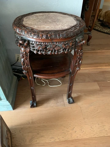 ANTIQUE ROUND TALL CARVED ROSEWOOD RED MARBLE TABLE WITH LOCAL PICK UP ONLY***** Cover