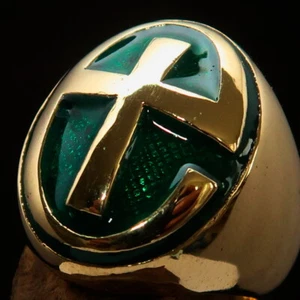 OVAL MENS BRASS BIKER RING MODERN CHRISTIAN CROSS CREST SYMBOL GREEN SIZE 8.5 - Picture 1 of 7