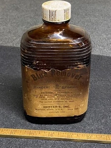 Herter’s Blue Remover Empty Amber Ribbed Bottle 1950 Paper Label Skull Crossbone - Picture 1 of 6