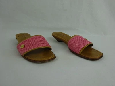 Eric Javits Pink & Tan Open Toe Kitten Heel Slides ~ Gold Accents ~ Italy ~ 6 - Image 1 of 4