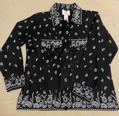 Quacker Factory Medium M Denim Jacket Black Bandanna Crystal Cabincore Bling - Image 1 of 4