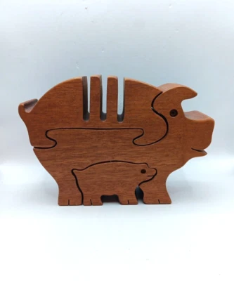 Richard Rothbard Signed Hidden Compartment Pig Wood Puzzle Piggy Trinket Box - Image 1 of 4