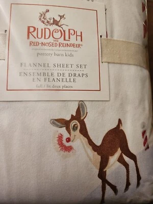Pottery Barn Kids Rudolph the Red Nosed Reindeer Sz  Full Sheet Set Flannel NEW - Image 1 of 4