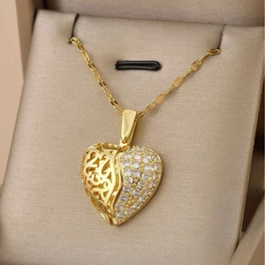 Womens Necklace 18K Gold Plated Stainless Steel Chain Cubic Zircon Heart Pendant - Picture 1 of 3