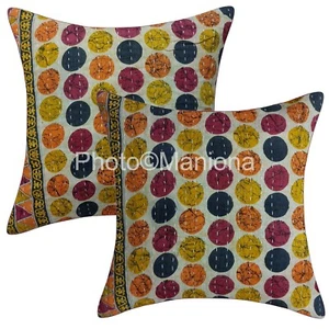Juego-2 Funda Cojín Kantha Cuadrada Hecha a Mano Étnica Algodón Indio Estampado Punto Regalo - Imagen 1 de 4