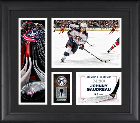 Game Used Johnny Gaudreau Blue Jackets Puck Collage Cover
