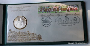 1977 THE TEST CRICKET CENTENARY STIRLING SILVER MEDAL PNC FRANKED IN FOLDER #2 - Picture 1 of 12