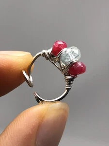 Fine Silver Handcrafted Ear Cuffs Genuine Large Aquamarine + Ruby E11 - Picture 1 of 5