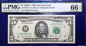 1988A $5 Federal Reserve Note Fr-1980-L San Francisco PMG66 Gem EPQ - Picture 1 of 2