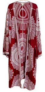 Gorgeous Red Rayon White Embroidered Open Kimono Duster Cardigan Long sz 22/24 - Picture 1 of 7