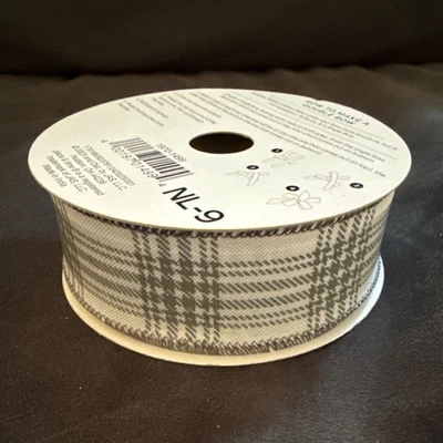 Wire Edge Plaid Ribbon 1.5" X 10 Yards Gray White Place & Time Country Christmas - Image 1 of 4
