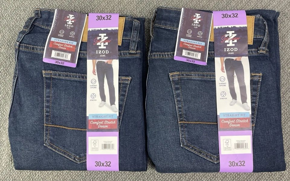 IZOD Men's Straight Fit Comfort Stretch Denim Jeans Dark Blue Size 30X32