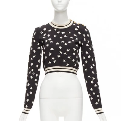 LOUIS VUITTON 2022 Negro Blanco Estrella LV Logo Mezcla Seda Crop Suéter S Foto 1 de 4