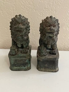 Chinese Unknown Age Pair of Bronze Foo Dog Statues w/ Old Auction Sticker - Picture 1 of 16