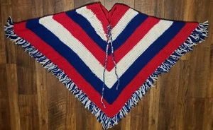 One Size All,   Cape Shrug Poncho Red White Blue w/FrInge Vintage patriotic - Picture 1 of 12