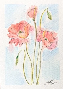 Watercolor Painting Expressive Floral Poppies Blue Sky Impressionist Signed 5x7 - Picture 1 of 2