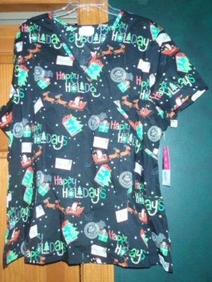 ScrubStar Happy Holidays Christmas Scrub Top Santa Claus Sleigh Tree Women's 2XL - Image 1 of 2