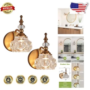 Stylish 2-Pack Brass Bathroom Wall Lights - Clear Glass & Crystal Finish - Picture 1 of 9